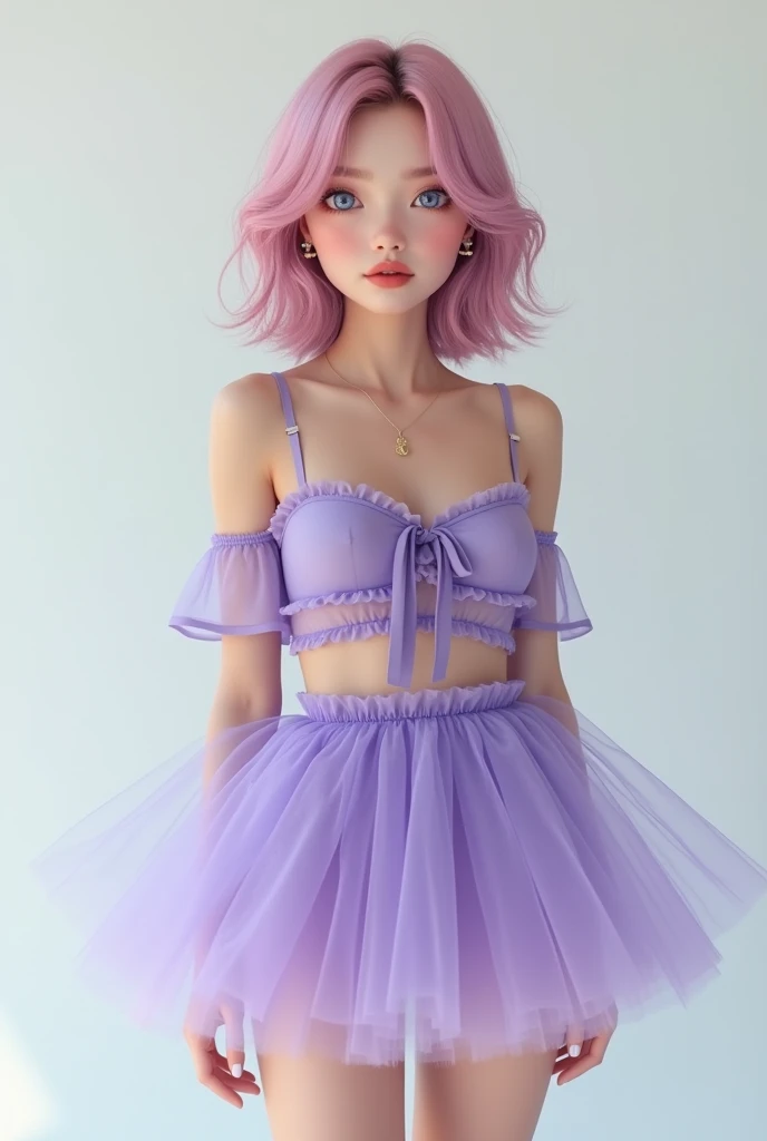 Selfie,photorealistic,Very detailed, 4K,Very realistic, Hyperrealism, Ultra-realistic, Best Quality,(masterpiece,Soft lighting, Stylish eyes with attention to detail: 1.2),(cute),Lipstick promotional ads,Sleeveless,Sheer off-shoulder violet tutu.girly tutu...