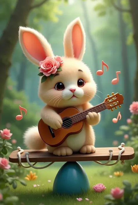 In the image there is a cute little bunny bear with a rose on its head on a seesaw with white ropes and a blue accent Playing a guitar in a forest environment and in the background there are musical notes around it