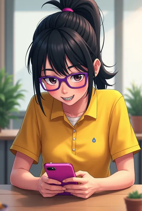 A  with black hair tied in a high ponytail, with purple glasses, yellow polo shirt and braces playing on his cell phone like pink, sitting at the table, Let the image be realistic 