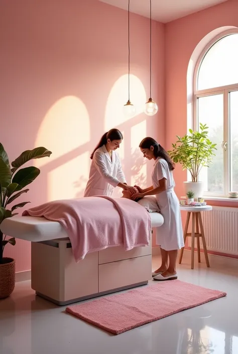 Create a realistic photo of a beauty salon with a bed. The studio is bright, rosa, very modern but still cozy. A flat bed can be seen. A customer is lying on it. She gets a lash lift treatment. She is being treated by a student who is currently learning th...