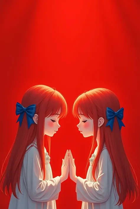 REDHEADED GIRLS WITH STRAIGHT HAIR ON THEIR HEADS BLUE BOWS, praying, Red background,