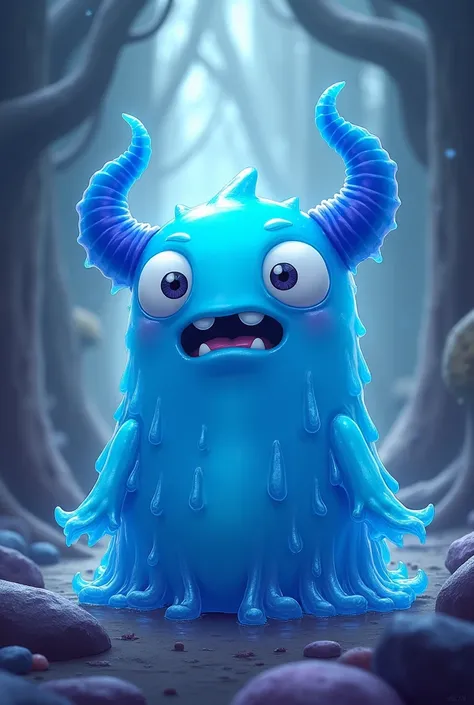 a blue gummy monster with completely white eyes and two blue anime-style horns