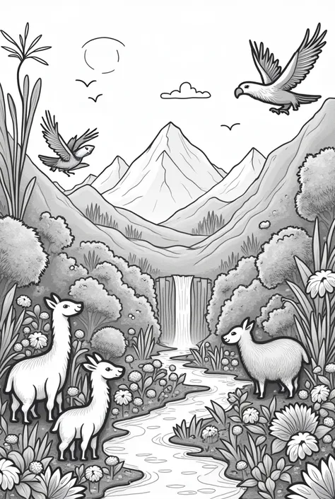 Generate a drawing,cartoon style, sketch type, Without colors, Aimed at children, from the Andean region of Colombia, with its flora and fauna