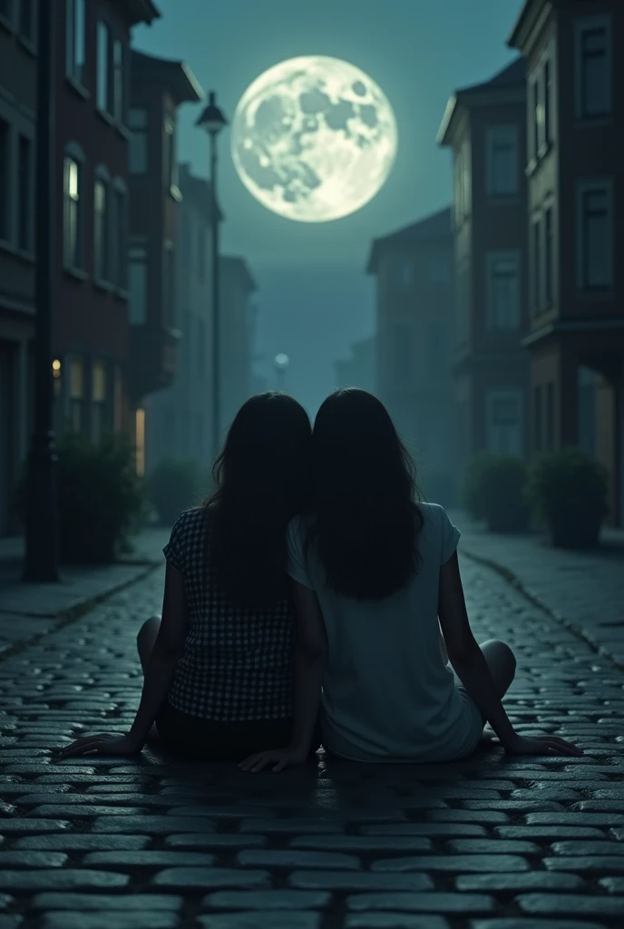 A picture of two women, a mother and a daughter, in the middle the full moon, sitting on the floor with their backs to each other and immersed in pain, with a cobblestone street background at night .


