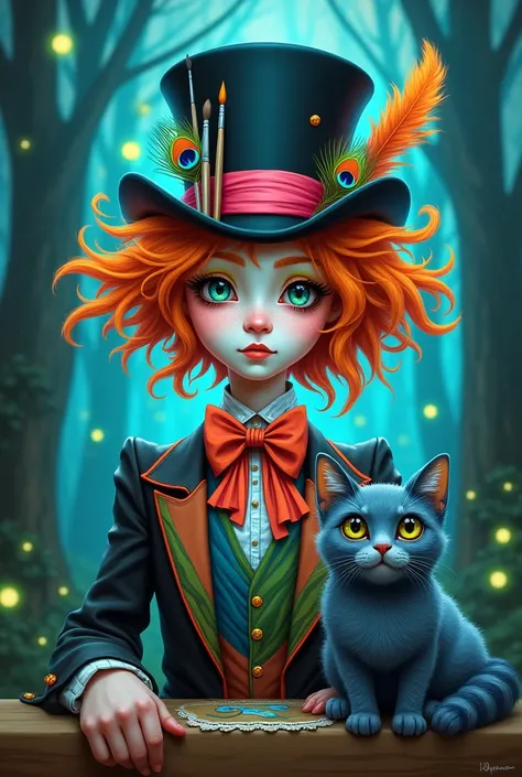 An eccentric character with wild, bright orange hair and a whimsical attire. In the foreground, the character is holding a large, smiling blue-gray cat with exaggerated features - large eyes, bushy tail, and striped pattern. The character wears a tall blac...