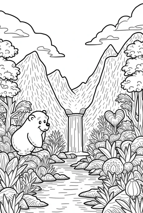 Generate a drawing,cartoon style, Without colors, Aimed at children, from the Andean region of Colombia, with its flora and fauna