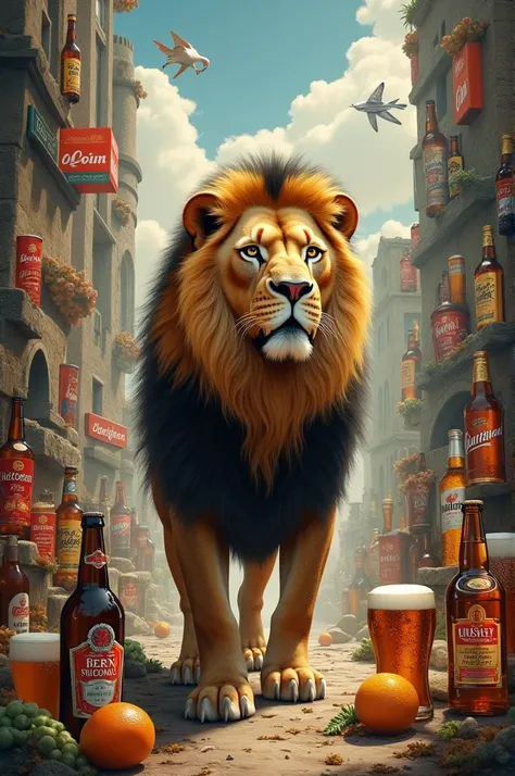 A world in the middle of a lion and around the world all the brands of beer and whiskey 