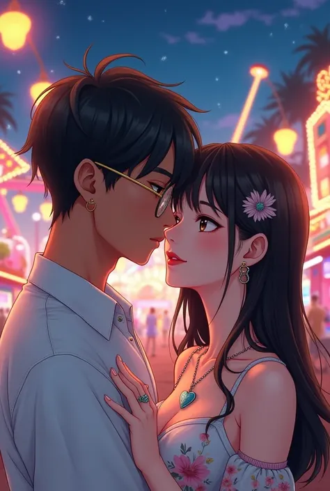 create an anime style art of a couple where the man has dark skin, straight black hair, a small gold hoop earring and wear round glasses and whose woman has white skin, brown eyes, very straight brown hair that is VERY LONG with bangs and wears a silver ne...