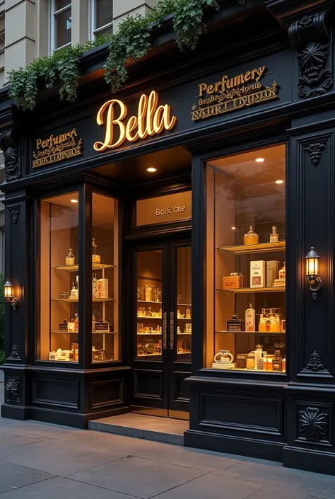 Word Bella perfumery and cosmetics written with imperial font 