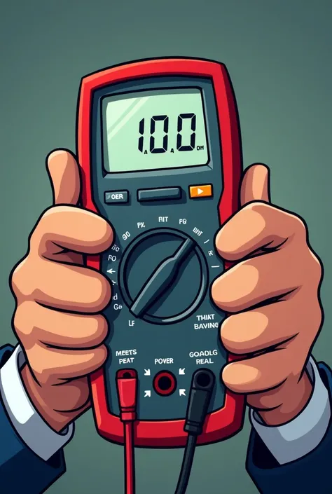 illustrious in the first person, a cartoon holding a multimeter with only the hands showing, the first person view put him holding the polarities