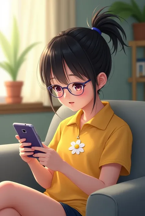 An  girl with black hair tied in a ponytail and a small tuft on the side, with thin-edged lilac lenses, Yellow polo shirt with a flower in the middle, a little chubby, playing on her pink cell phone, sitting on the sofa, Let the image be realistic 