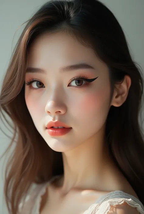 Réaliste - high detailed Jeune femme 20 ans asiatique nez fin lèvre pulpeuse yeux en amande maquillage eye liner en siren doe long cheveux brun et souple - portrait 