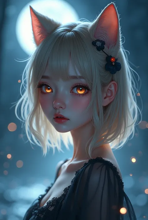 Moonlit Night　Smile　Beautiful face of a Japanese woman　　　
Blonde medium long hair　Cat ears　Chic dress　From chest up