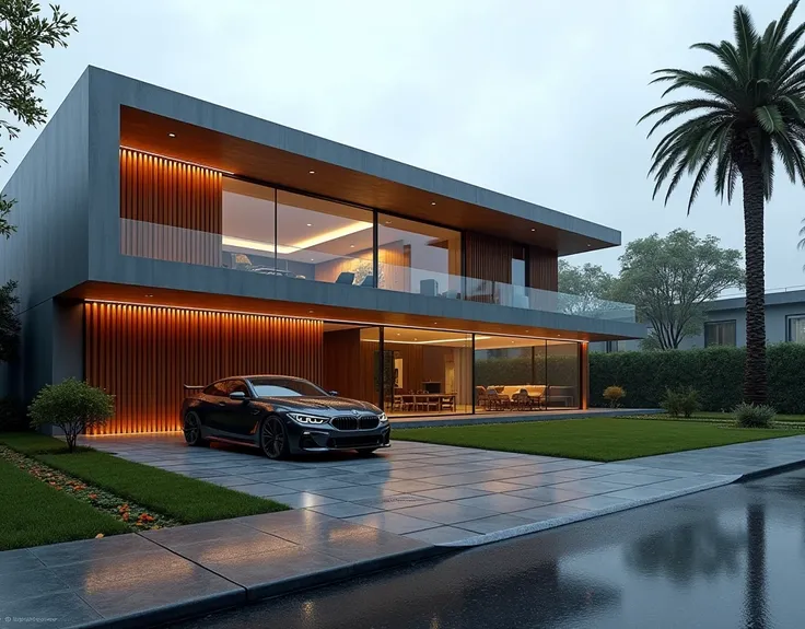 - Make a perfect, moody, photorealistic, best quality, realistic and lifelike image, intricate details, depth of field, high resolution (8K+) contemporary residential rendering of a modern mansion with flat roof, smooth walls, large glass windows with a hi...