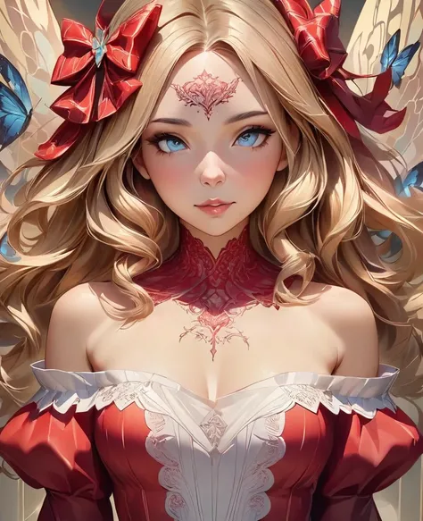 A close-up realistic and artistic portrait painting of a fairy she has a long vibrant sky blue wavy hair styled in loose curls with bangs framing her forehead, adorned with a red floral bow, gig seios decote curto serene and contemplative expression, next ...