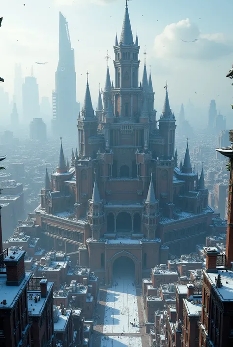 I want a modern city, and a colossal castle with a support beneath it in the center of the city, but I also want several buildings, with the view from above and it is snowing 