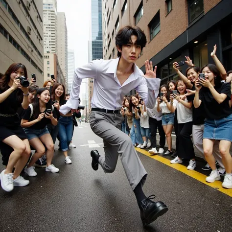 Sideways photo shoot, handsome singer idol teenage Korean guy , thin body, naked body, wearing a white bikini underwear running away from people mid-action. At city alleyway,