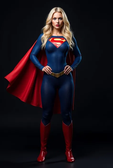 GORGEOUS SUPERGIRL (DC COMICS), HUGE LONG BLONDE HAIR, PALE SKIN, HIGH CHEEKBONES, ROSY CHEEKS, DETAILED MENTAL FORAMEN, BLUE EYES LOOKING AT CAMERA, STRONG ATHLETIC FEMALE BODY, BULK WOMAN BODY, MUSCLES, TRADITIONAL BLUE RED COSTUME, FULL BODY LATEX JUMPS...