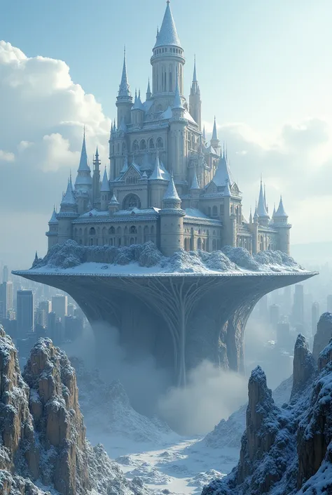 I want a modern city, and a colossal castle with a support beneath it in the center of the city, but I also want several buildings, with the view from above and it is snowing, castle has a high hill below it 