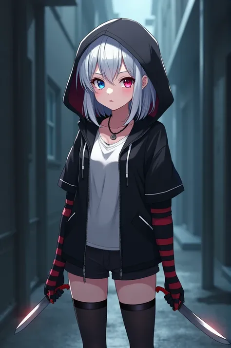 *Connie, anime girl is 1,55, white hair with gray gradient, Front strands longer than those in the back, Short Layered Back, thigh-length hair, fringe covering his forehead, white and soft skin, eyes of different colors, The left one is blue with a light b...