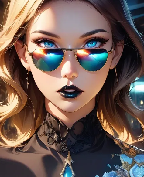 close up of a woman with mirrored sunglasses, intense gaze, black  lipstick, cigarette, surreal reflection in the sunglasses, detailed reflection, captivating eyes sexy, glossy lips, magical atmosphere, high fashion, modern style, realistic with a touch of...