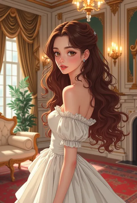 Curly hair girl, brown eyes and white skin with white dress in a luxurious mansion anime version of the 80s