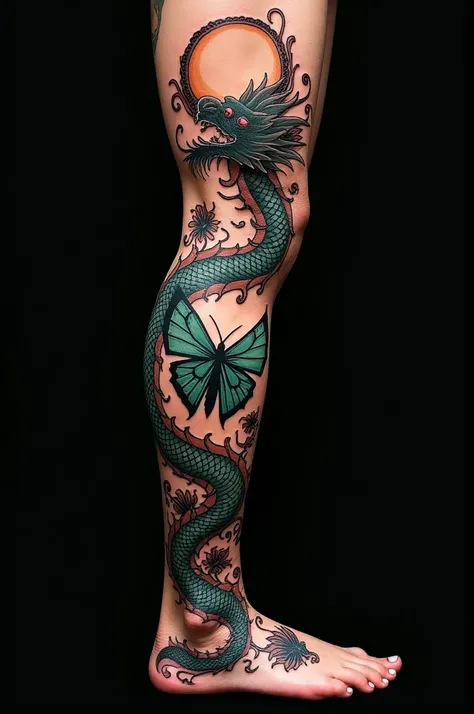 A detailed tattoo covering the lower leg, starting at the foot and going up to the knee. The tattoo is of an oriental dragon, with an elongated and sinuous body, that starts at the top of the foot and winds down the shin to the middle of the leg. The drago...