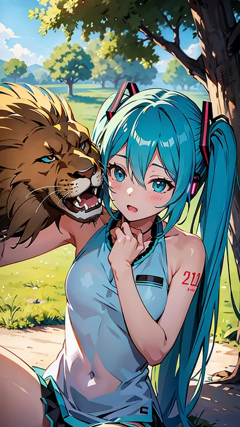 Hatsune Miku gets bitten headfirst by a lion in the savanna