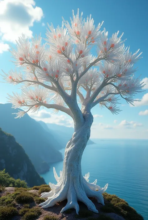 A crystal fruit tree, porte du fruit de la passion en cristal. in the background, the sea and the mountain embrace.