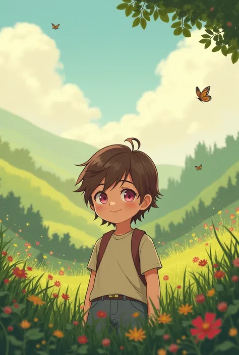 A boy with brown hair and pink eyes in the style of Studio Ghibli 