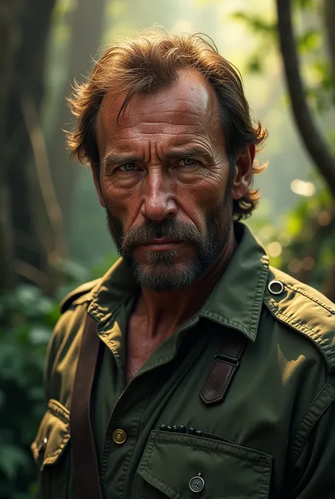 a highly detailed and realistic portrait of “chuck norris” wearing a soldiers outfit, set in a romanticist style with cool dry vintage colors, in a close-up view, in an amazon jungle landscape with dry trees and puddles of water reflecting sunbeams, cinema...