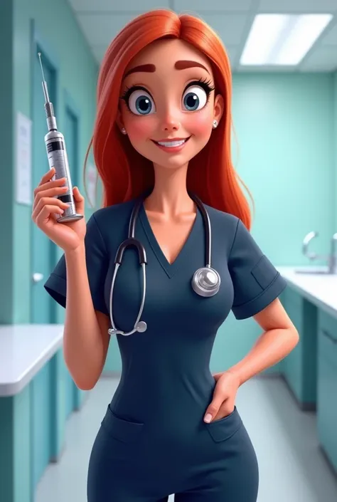 Animated avatar of a nurse in dark blue surgical pajamas, straight haired redhead, with syringe