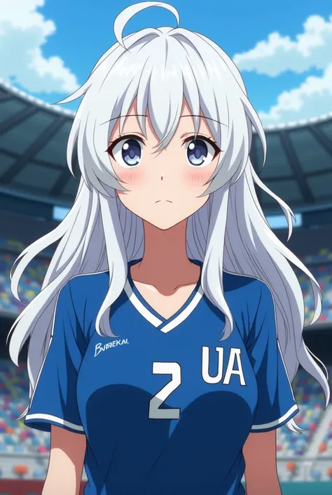 screenshot boku no hero academia. Young woman. WHITE SKIN. white hair. wavy hair with bangs and long.pearl colored eyes. black eyeliner under the eyes. beautiful and attractive. he would be. "wears blue UA sports uniform" stadium background with details