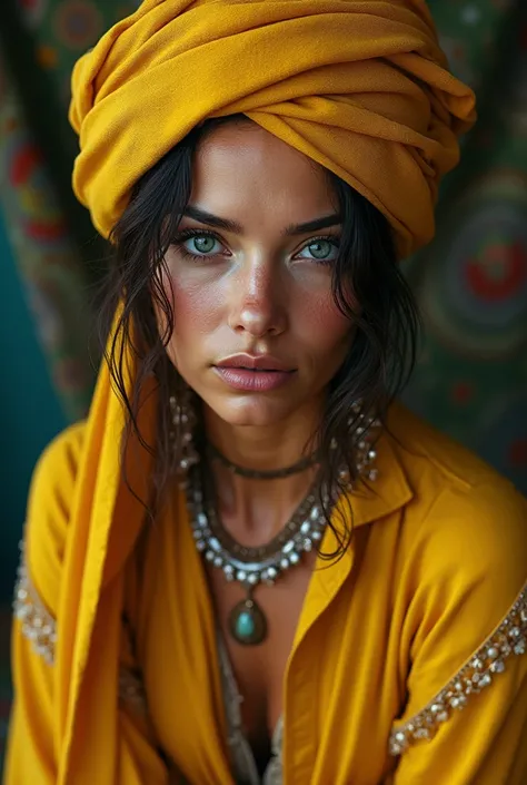 40-year-old gypsy woman with a yellow turban on her head and a long yellow dress
