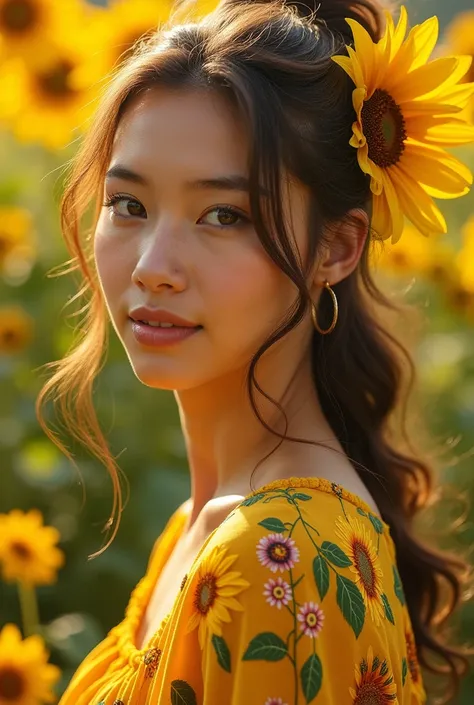 Create 4K photography of a young woman dressed in the colors of a sunflower 