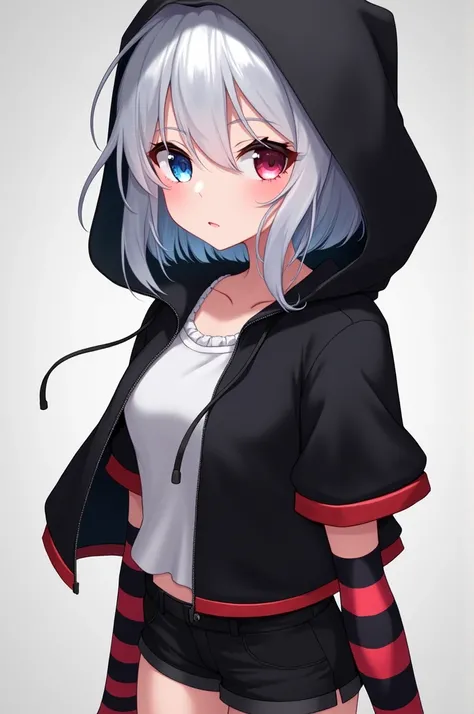 *Connie, anime girl is 1,55, white hair with gray gradient, Front strands longer than those in the back, Short Layered Back, fringe covering his forehead, white and soft skin, eyes of different colors, The left one is blue with a light blue gradient, the r...