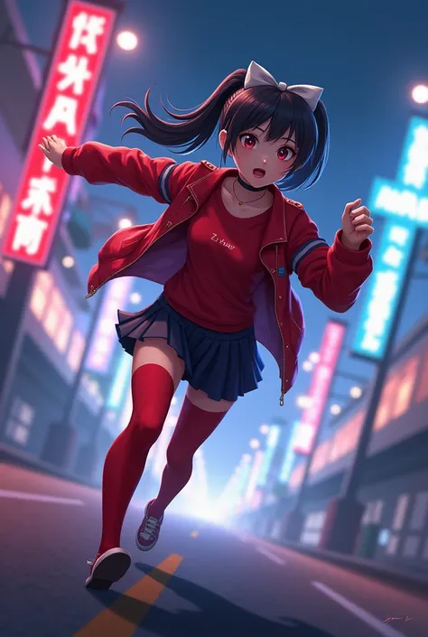 work of art, best quality,, maruzensky (Uma Musume),, red thigh highs, Red jacket, pleated skirt, red skirt, long sleeves, choker, red shirt, open jacket, white bow, open clothes, high jump boots, asphalt road, running, eye tracks, night sky, neon, From  a...