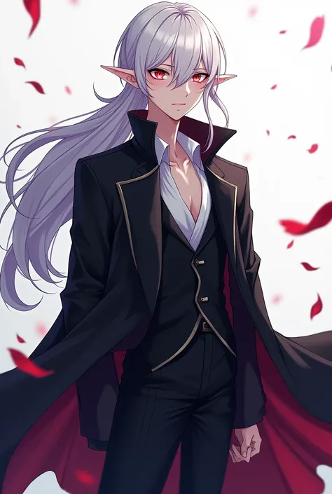 Anime style male elf teenager with long shoulder length white hair tied in a voluminous ponytail and light pink eyes wearing a long black coat