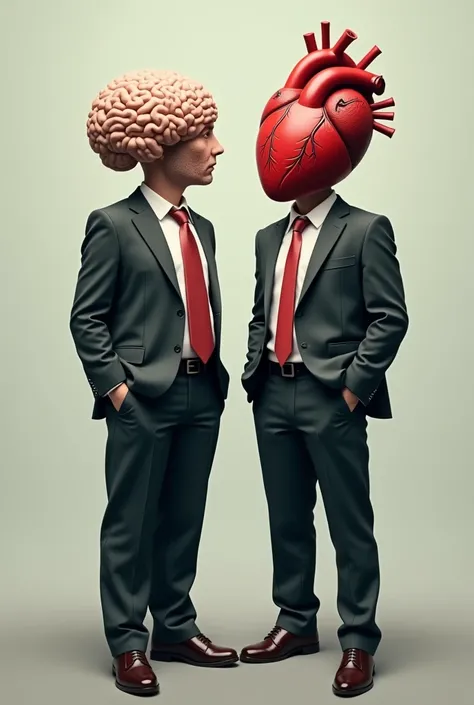 Create an image of a human body with a brain head by putting a tie on the heart that has a heart head and a human body are two bodies, one with a brain head and the other with a heart head dressed in suits to attract attention on Instagram and generate eng...