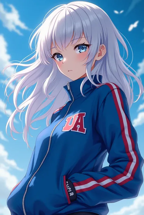 screenshot boku no hero academia. Young woman. WHITE SKIN. white hair. wavy hair with bangs and long.pearl colored eyes. black eyeliner under the eyes. beautiful and attractive. he would be. "wears blue UA sports uniform" Blue jacket with white and red str...