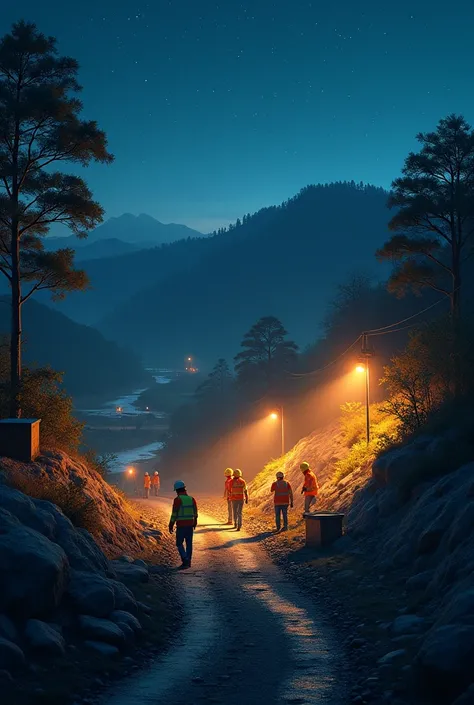 Civil engineers on a night construction site that reflects nature, and environment.