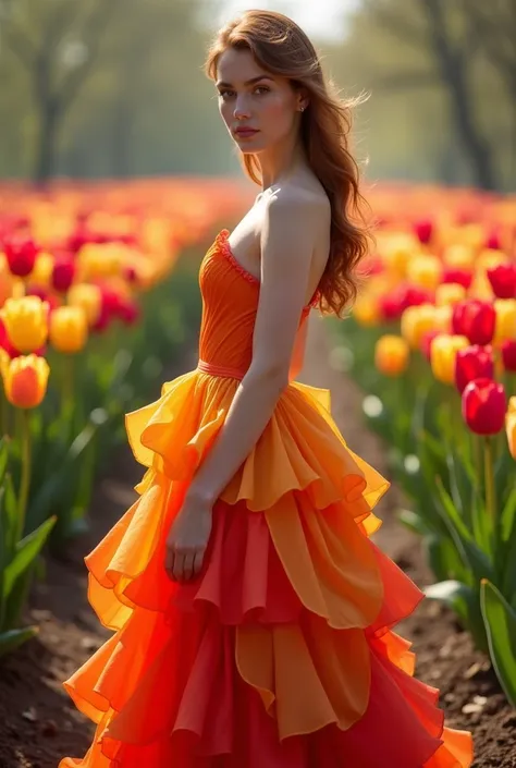 Create 4K photography of a young woman dressed in the colors of a tulip 