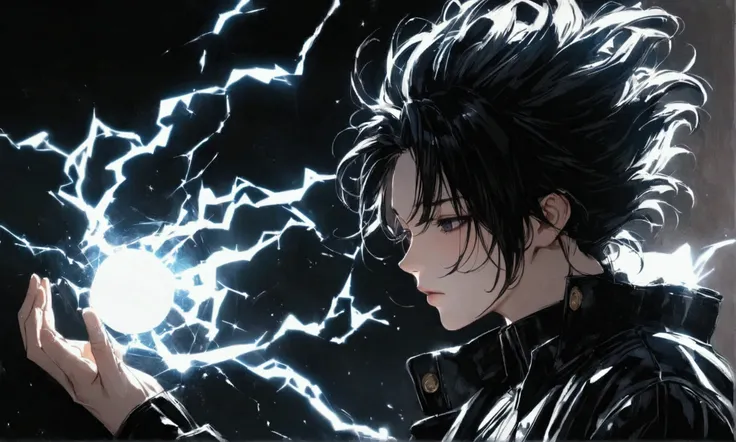 Seeing of the right, adult male, a character up to the waist, holding a black dark sphere of energy with white lightning parts like a lightning bolt illuminating around the sphere and in the middle of it, as if it were destroying the sphere and dodging, bu...