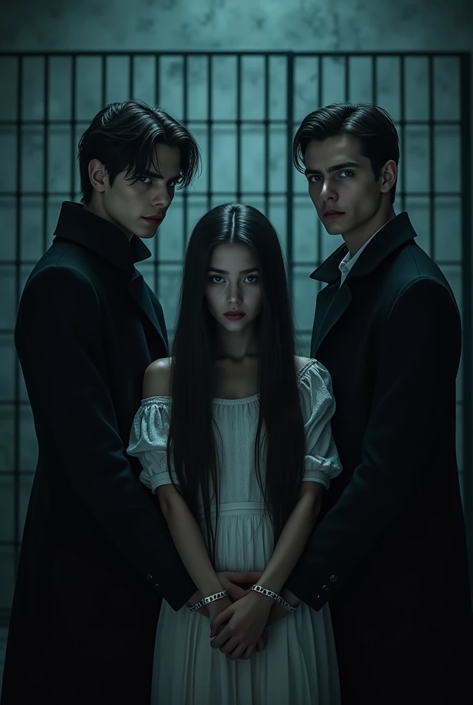 A dark scene of three people, in a cell-like environment. in the center, a 20 year old girl with long straight black hair, and angelic appearance, is shown with an innocent expression and handcuffed. She is between two charming twin vampire men, both stron...