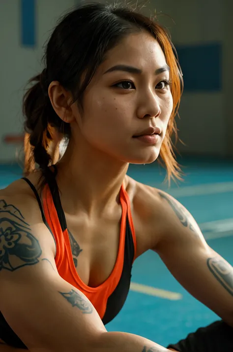 Athletic beautiful early 30s asian woman wearing sports bra and shorts taking a break in gym. hands on top of head. Muscular arms. Moles on body. Lots of tattoos. Tough appearance