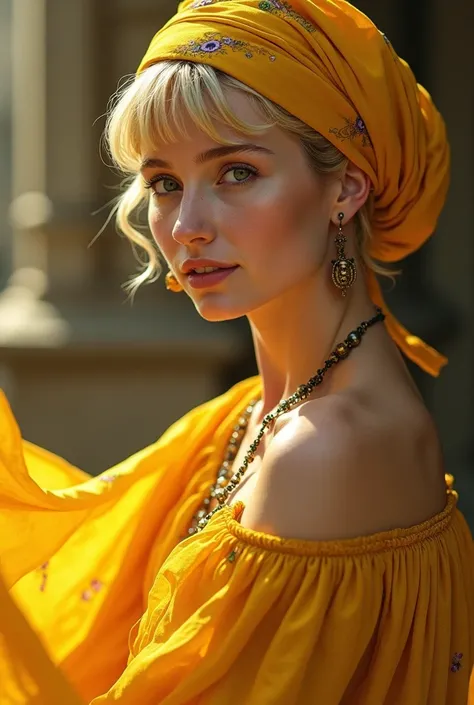 40-year-old gypsy woman with a yellow turban on her head, short hair, blonde , white skin and flowing yellow dress 
