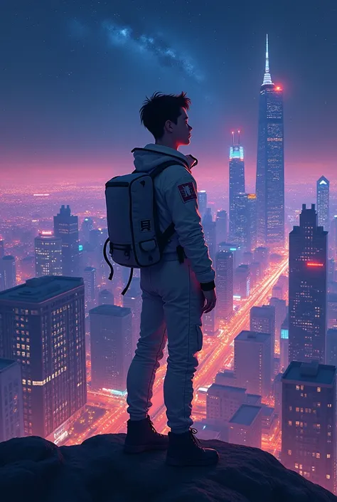  student, astronaut background, night time city background