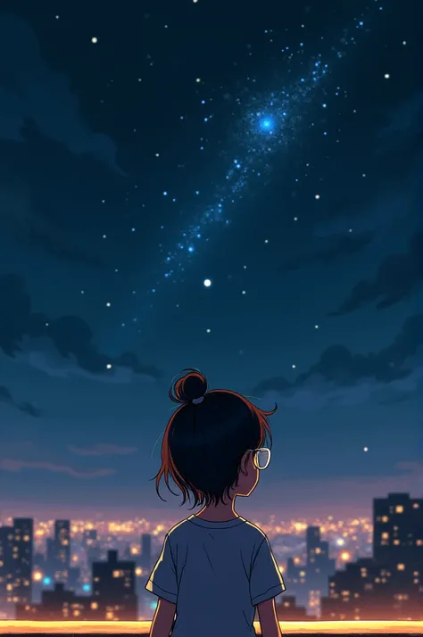 mixed race girl from behind with bun and glasses looking at the starry universe on a building