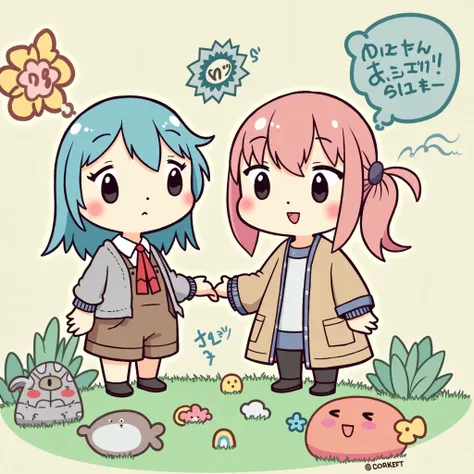 1.	Character Design • Character on the left（Someone with blue hair and overalls）がPlease draw him standing facing forward..。She is still wearing her overalls and red ribbon..、Don&#39;t change your taste。
• The mother on the right（Pink hair and pink ribbon）P...