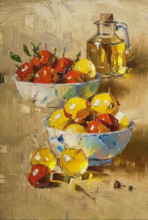 a still life painting of fruits ((oil painting))(((masterpiece)))